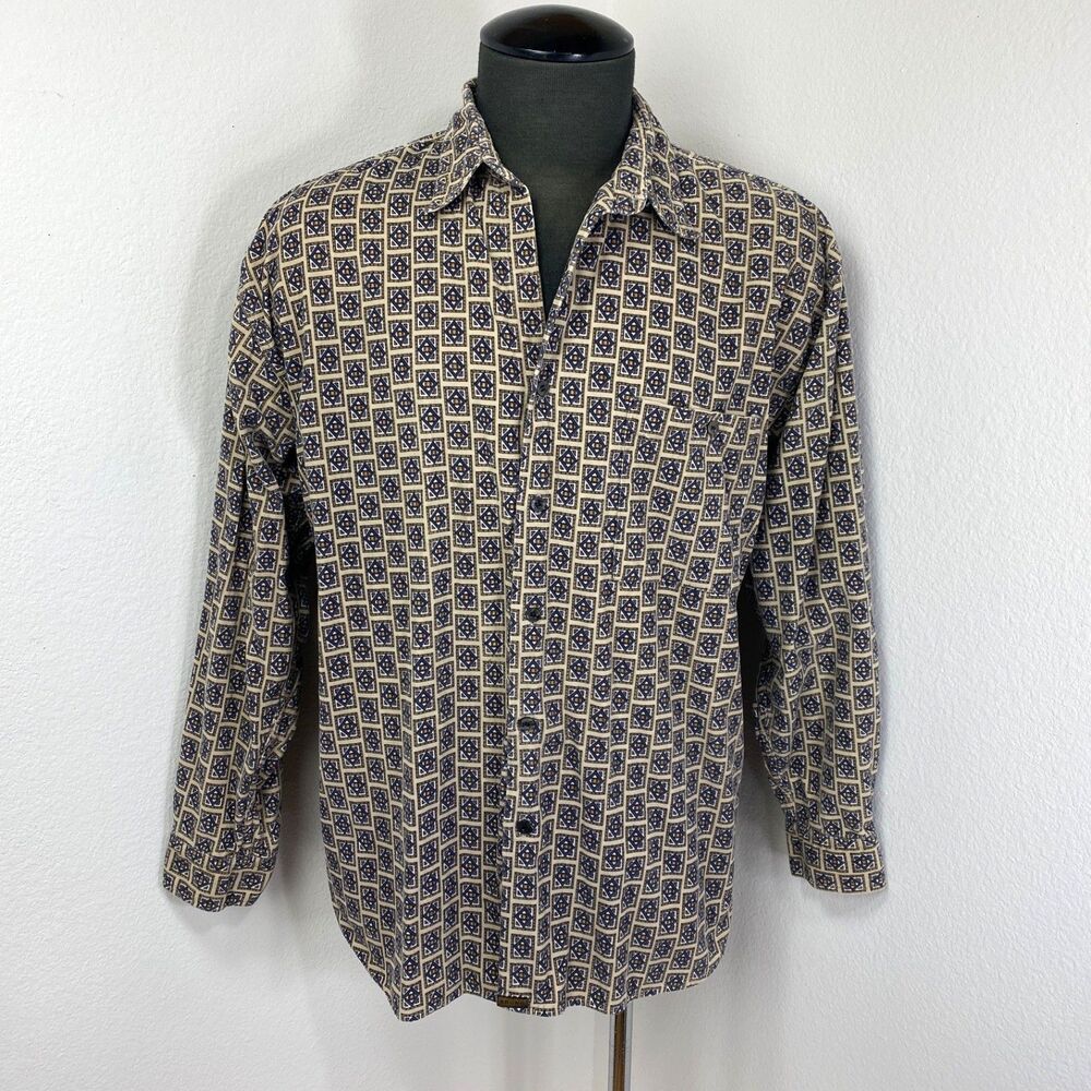 Bruno Tan Geometric Pinwale Corduroy Dress Shirt XL Button Front Long Sleeves